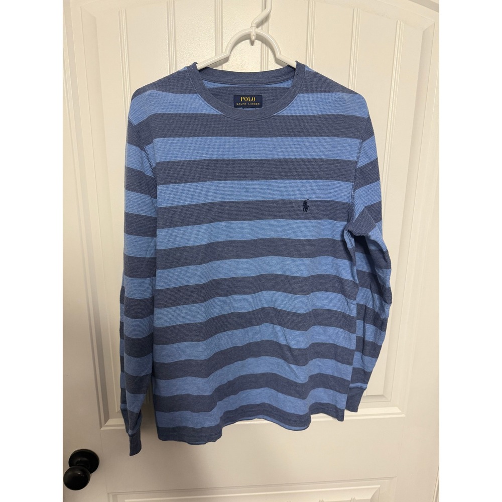 Polo Ralph Lauren Thermal Shirt Mens Large Blue Striped Waffle Knit EUC